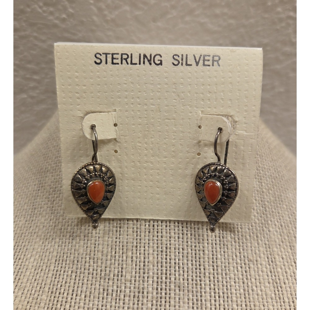 Vintage Sterling Silver & Coral Dangle Earrings Native American